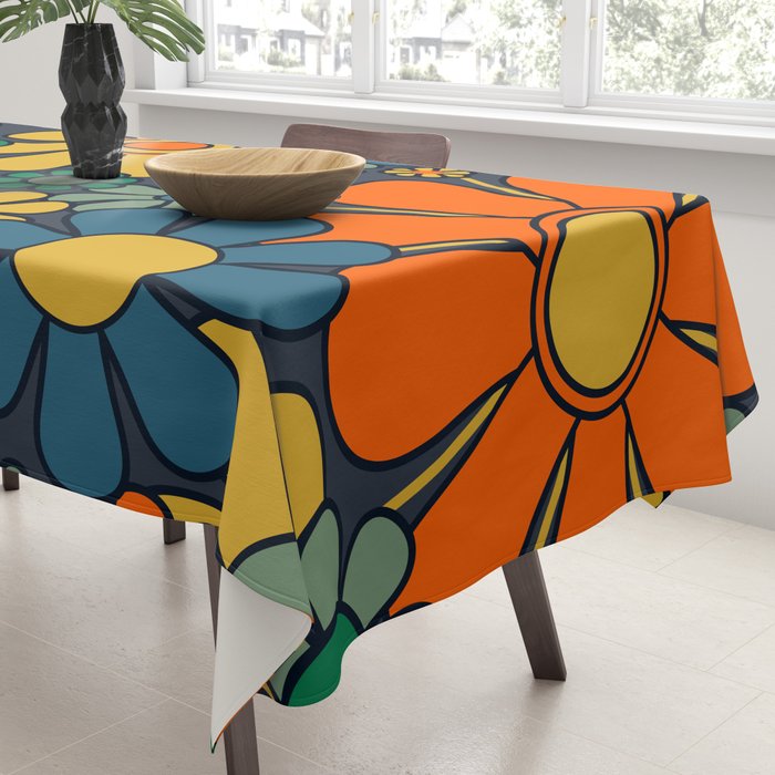 Retro Garden Flowers Groovy 60s 70s Floral Pattern Orange Blue Green Mustard Tablecloth Gallery Image 3