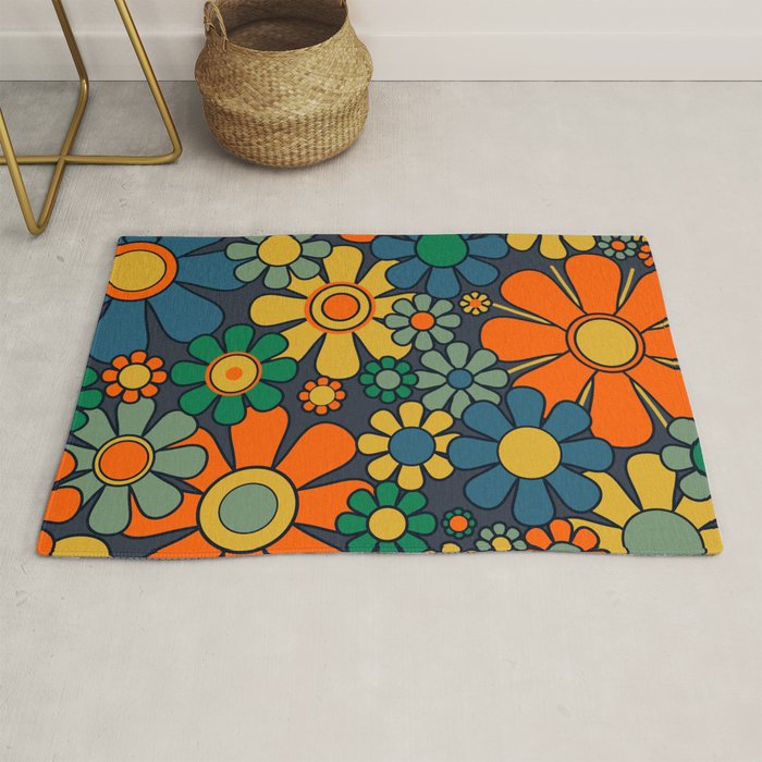 Retro Garden Flowers Groovy 60s 70s Floral Pattern Orange Blue Green Mustard Rug Gallery Image 1