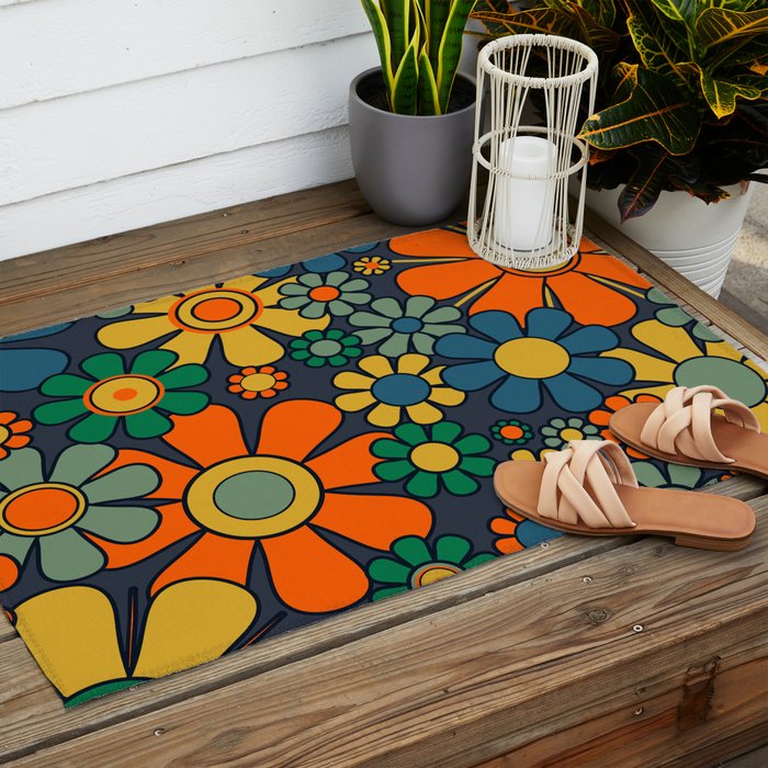 Retro Garden Flowers Groovy 60s 70s Floral Pattern Orange Blue Green Mustard Outdoor Rug Gallery Image 2