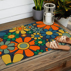 Retro Garden Flowers Groovy 60s 70s Floral Pattern Orange Blue Green Mustard Outdoor Rug Gallery Image 2
