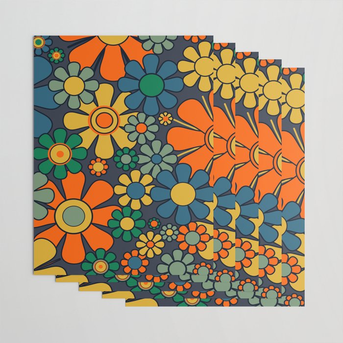Retro Garden Flowers Groovy 60s 70s Floral Pattern Orange Blue Green Mustard Wrapping Paper Gallery Image 3