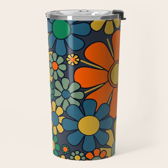 Retro Garden Flowers Groovy 60s 70s Floral Pattern Orange Blue Green Mustard Travel Mug Gallery Image 2