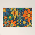 Retro Garden Flowers Groovy 60s 70s Floral Pattern Orange Blue Green Mustard Welcome Mat Gallery Image 1
