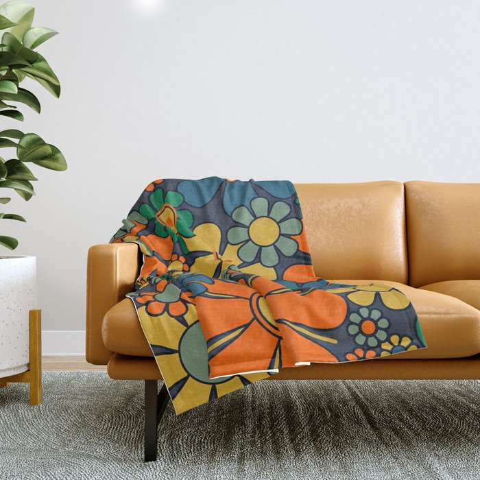 Retro Garden Flowers Groovy 60s 70s Floral Pattern Orange Blue Green Mustard Throw Blanket Gallery Image 1
