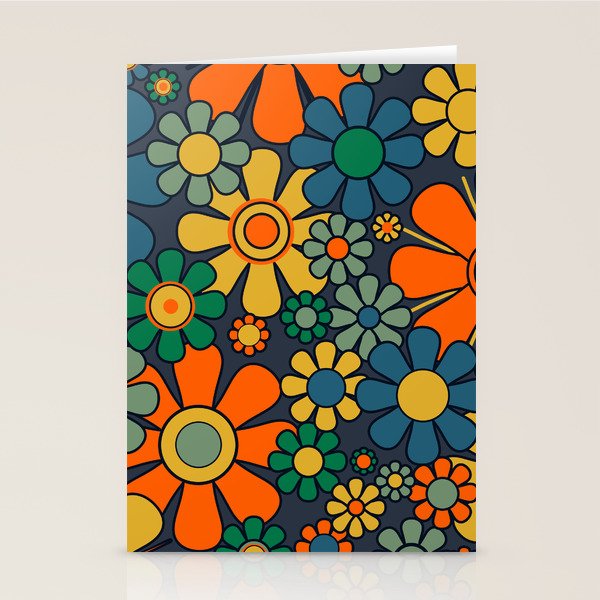 Retro Garden Flowers Groovy 60s 70s Floral Pattern Orange Blue Green Mustard Stationery Card Gallery Image 1