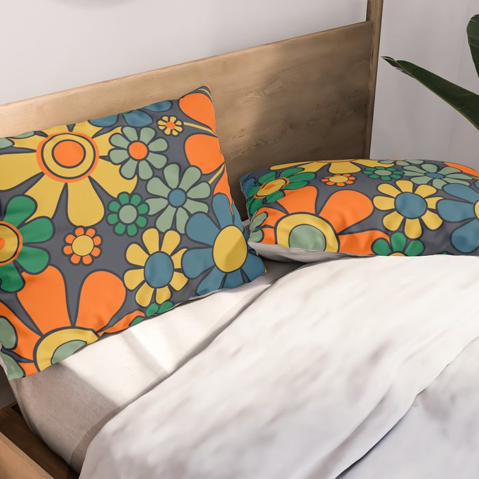 Retro Garden Flowers Groovy 60s 70s Floral Pattern Orange Blue Green Mustard Pillow Sham Gallery Image 2