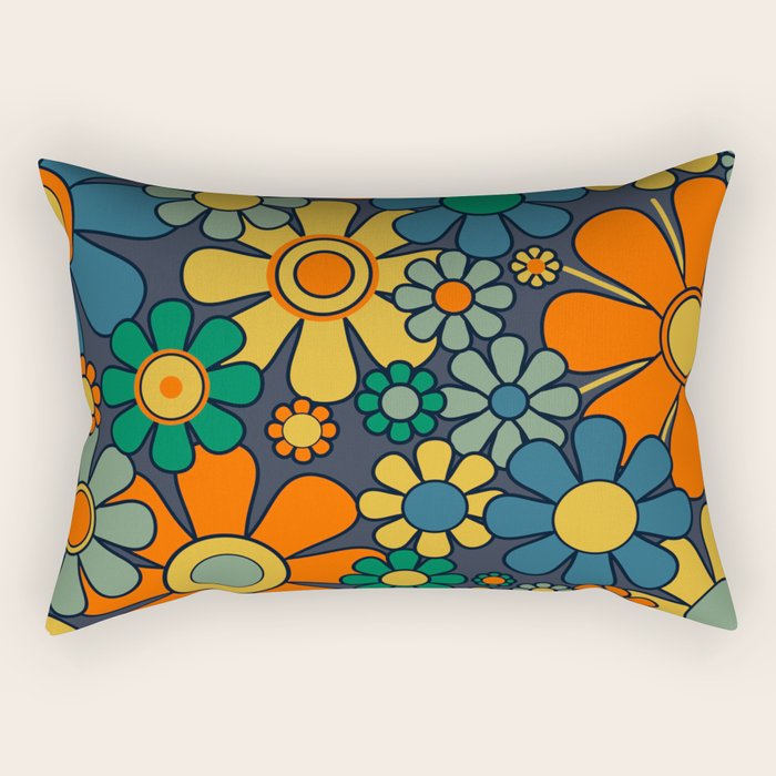 Retro Garden Flowers Groovy 60s 70s Floral Pattern Orange Blue Green Mustard Rectangular Pillow Gallery Image 1