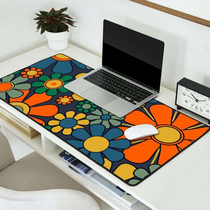 Retro Garden Flowers Groovy 60s 70s Floral Pattern Orange Blue Green Mustard Desk Mat Gallery Image 2