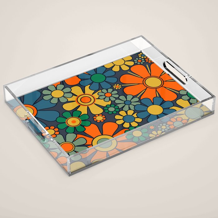 Retro Garden Flowers Groovy 60s 70s Floral Pattern Orange Blue Green Mustard Acrylic Tray Gallery Image 1