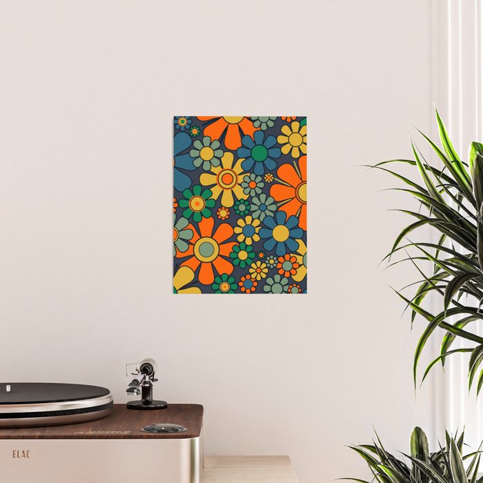 Retro Garden Flowers Groovy 60s 70s Floral Pattern Orange Blue Green Mustard Poster Gallery Image 2