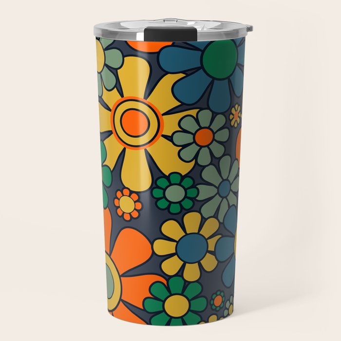 Retro Garden Flowers Groovy 60s 70s Floral Pattern Orange Blue Green Mustard Travel Mug Gallery Image 1