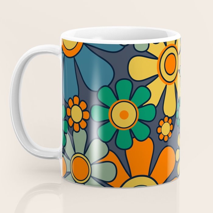 Retro Garden Flowers Groovy 60s 70s Floral Pattern Orange Blue Green Mustard Coffee Mug Gallery Image 3