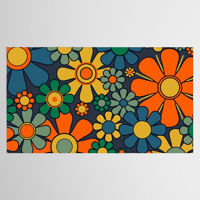 Retro Garden Flowers Groovy 60s 70s Floral Pattern Orange Blue Green Mustard Tablecloth Gallery Image 2