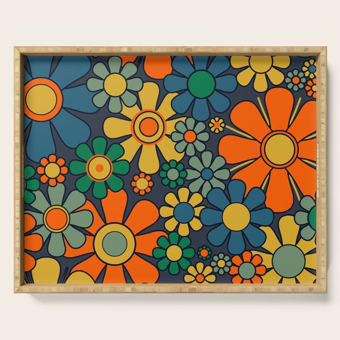 Retro Garden Flowers Groovy 60s 70s Floral Pattern Orange Blue Green Mustard Serving Tray Gallery Image 1