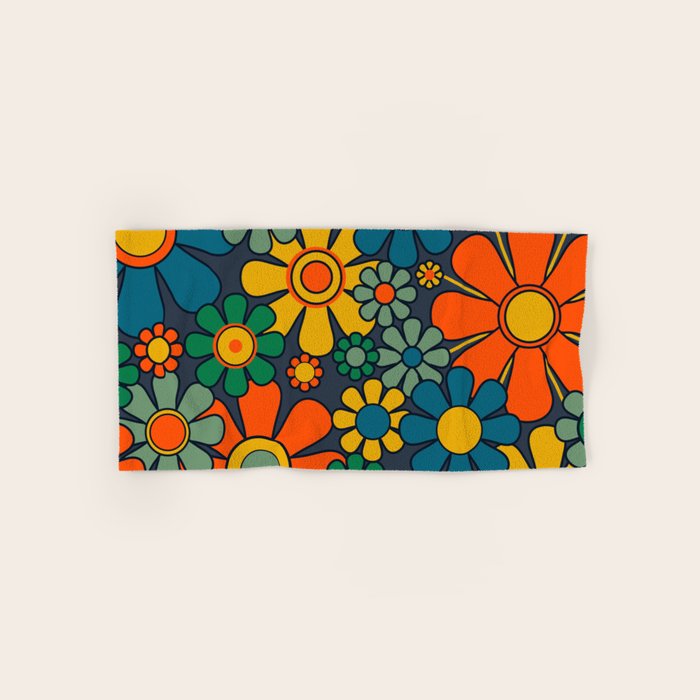 Retro Garden Flowers Groovy 60s 70s Floral Pattern Orange Blue Green Mustard Bath Towel Gallery Image 1