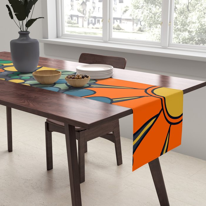 Retro Garden Flowers Groovy 60s 70s Floral Pattern Orange Blue Green Mustard Table Runner Gallery Image 2