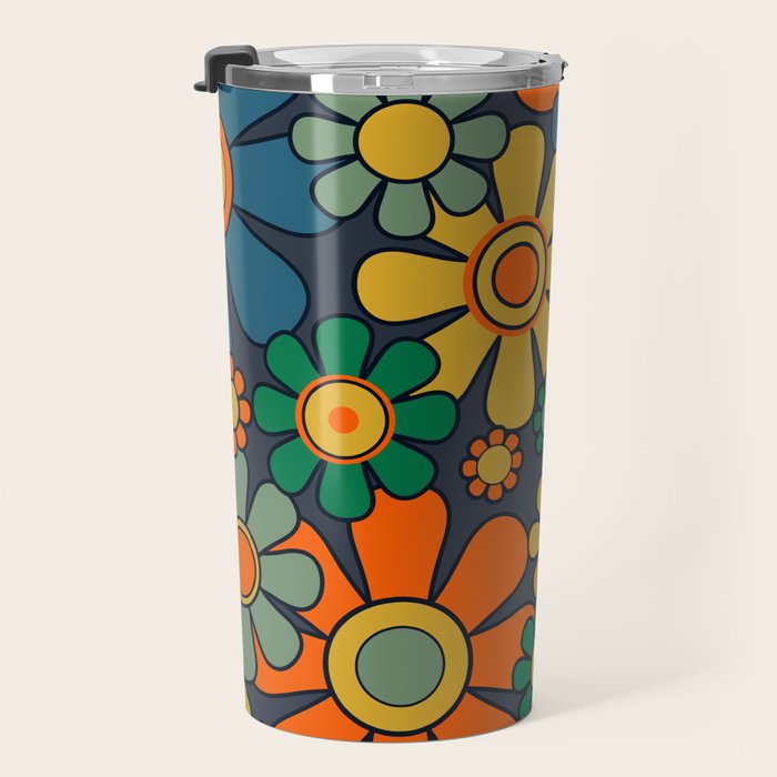 Retro Garden Flowers Groovy 60s 70s Floral Pattern Orange Blue Green Mustard Travel Mug Gallery Image 3