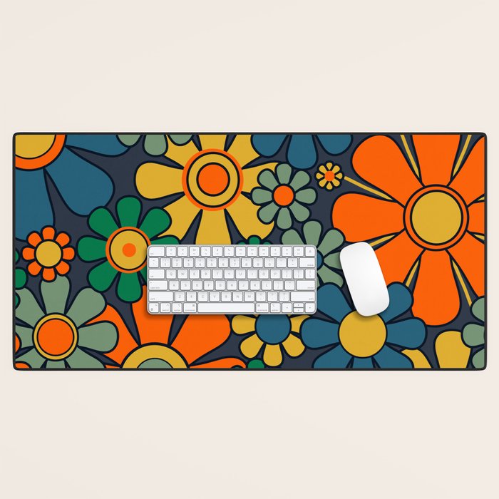 Retro Garden Flowers Groovy 60s 70s Floral Pattern Orange Blue Green Mustard Desk Mat Gallery Image 1