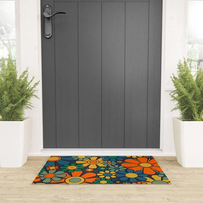 Retro Garden Flowers Groovy 60s 70s Floral Pattern Orange Blue Green Mustard Welcome Mat Gallery Image 3