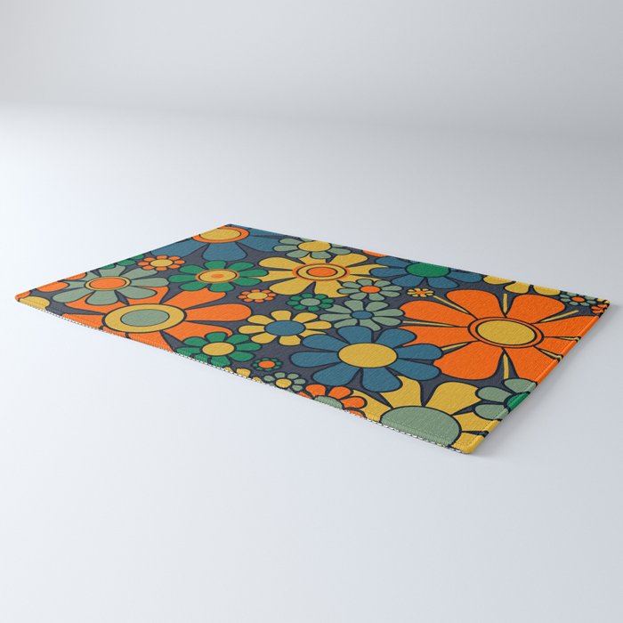 Retro Garden Flowers Groovy 60s 70s Floral Pattern Orange Blue Green Mustard Rug Gallery Image 3