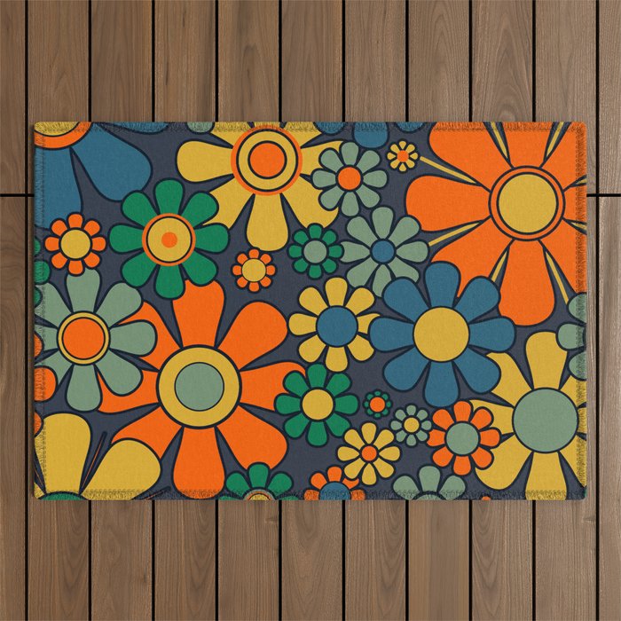 Retro Garden Flowers Groovy 60s 70s Floral Pattern Orange Blue Green Mustard Outdoor Rug Gallery Image 1