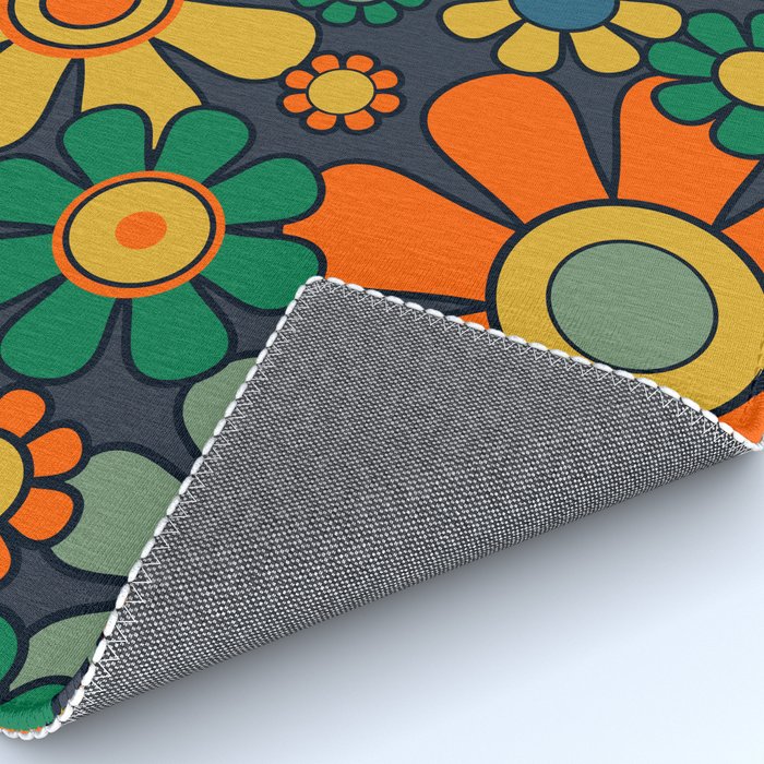 Retro Garden Flowers Groovy 60s 70s Floral Pattern Orange Blue Green Mustard Rug Gallery Image 4