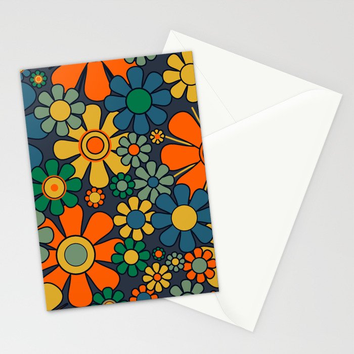Retro Garden Flowers Groovy 60s 70s Floral Pattern Orange Blue Green Mustard Stationery Card Gallery Image 2