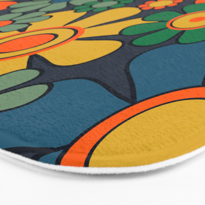 Retro Garden Flowers Groovy 60s 70s Floral Pattern Orange Blue Green Mustard Bath Mat Gallery Image 3