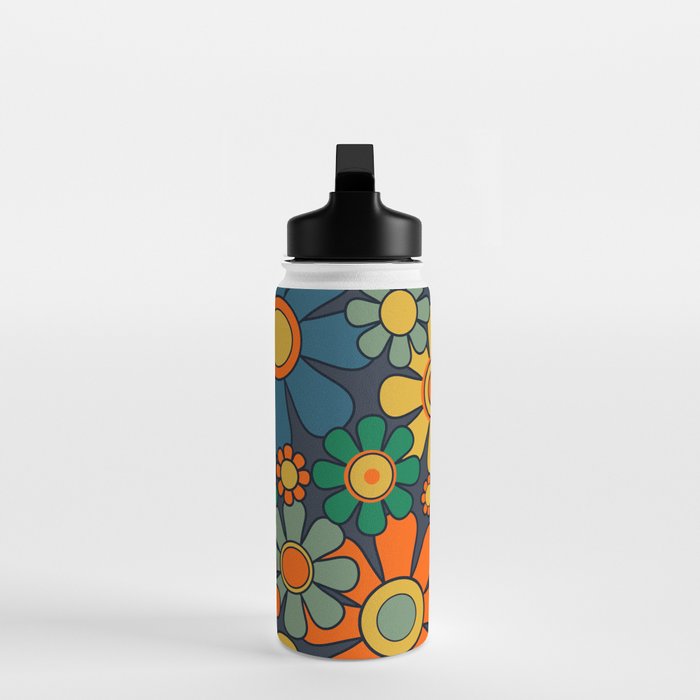 Retro Garden Flowers Groovy 60s 70s Floral Pattern Orange Blue Green Mustard Water Bottle Gallery Image 3