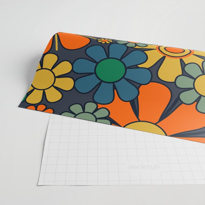 Retro Garden Flowers Groovy 60s 70s Floral Pattern Orange Blue Green Mustard Wrapping Paper Gallery Image 2