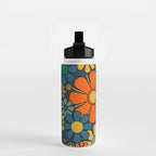 Retro Garden Flowers Groovy 60s 70s Floral Pattern Orange Blue Green Mustard Water Bottle Gallery Image 2