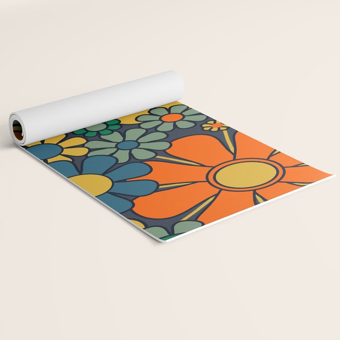 Retro Garden Flowers Groovy 60s 70s Floral Pattern Orange Blue Green Mustard Yoga Mat Gallery Image 2