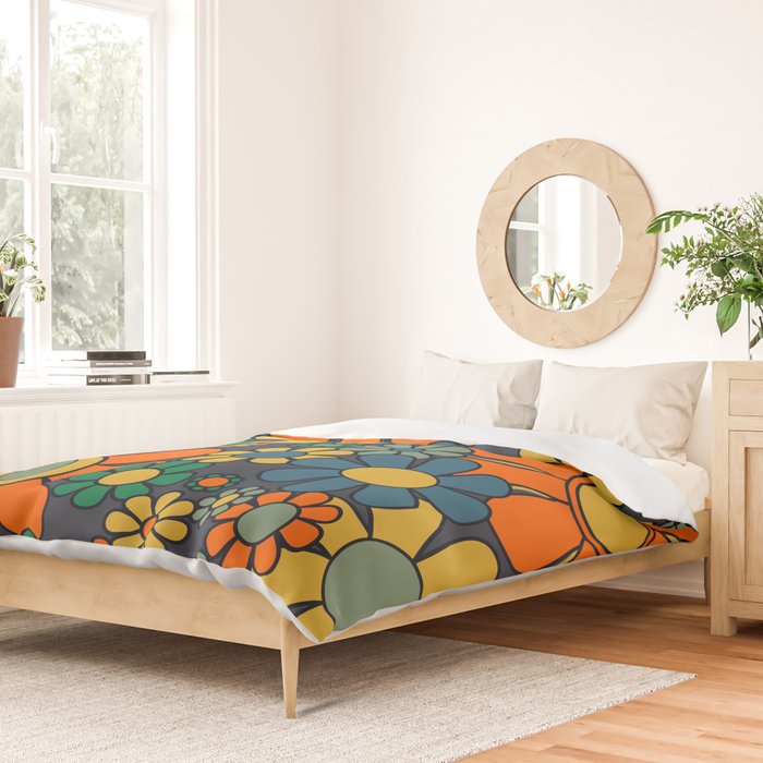 Retro Garden Flowers Groovy 60s 70s Floral Pattern Orange Blue Green Mustard Duvet Cover Gallery Image 2