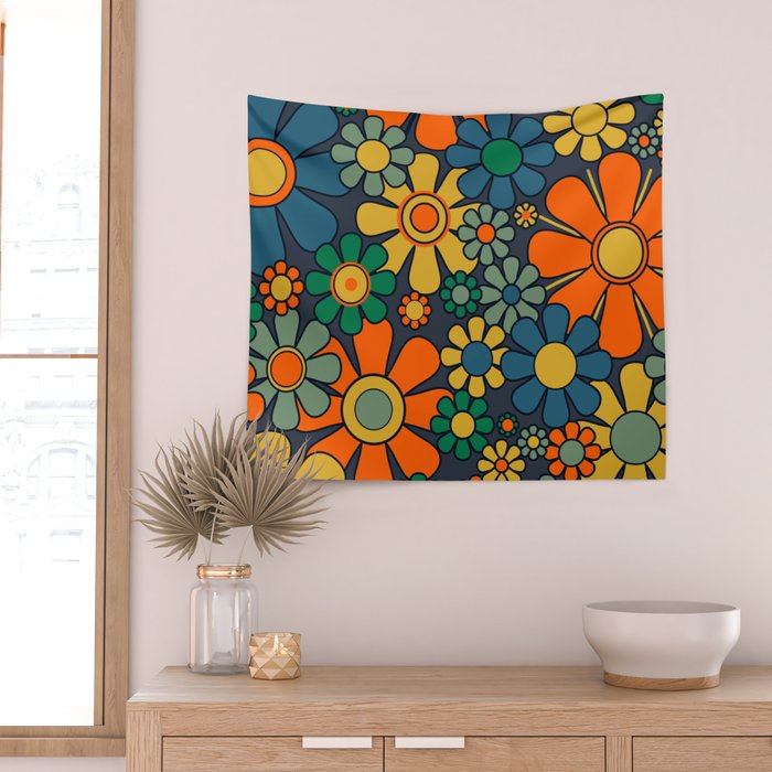 Retro Garden Flowers Groovy 60s 70s Floral Pattern Orange Blue Green Mustard Wall Tapestry Gallery Image 2
