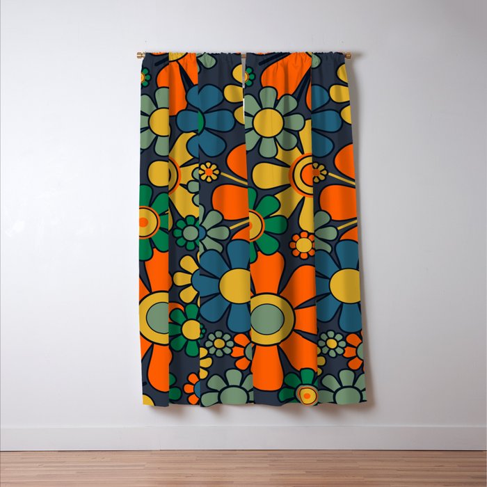 Retro Garden Flowers Groovy 60s 70s Floral Pattern Orange Blue Green Mustard Window Curtain Gallery Image 3