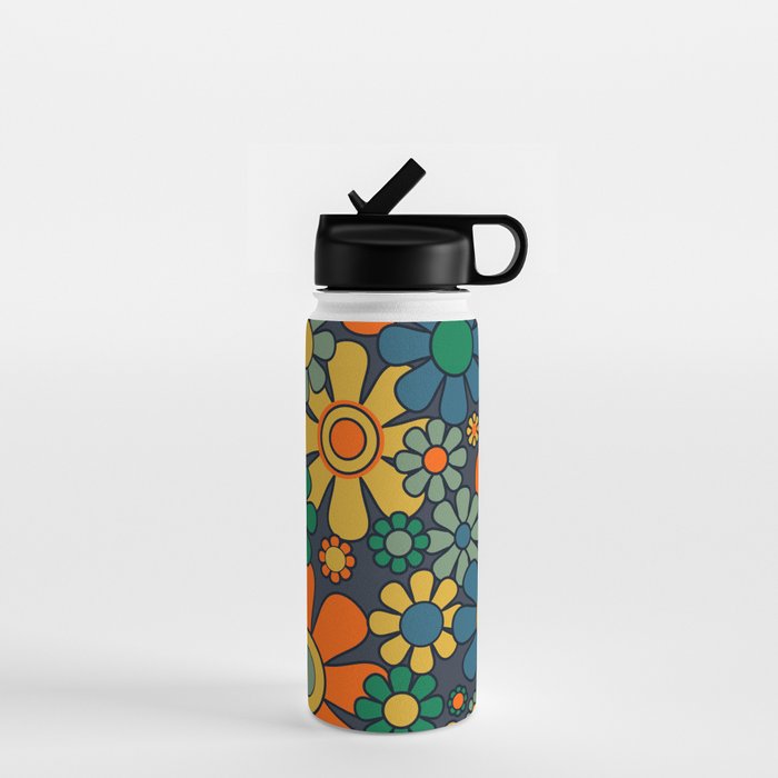 Retro Garden Flowers Groovy 60s 70s Floral Pattern Orange Blue Green Mustard Water Bottle Gallery Image 1