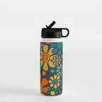Retro Garden Flowers Groovy 60s 70s Floral Pattern Orange Blue Green Mustard Water Bottle Gallery Image 1