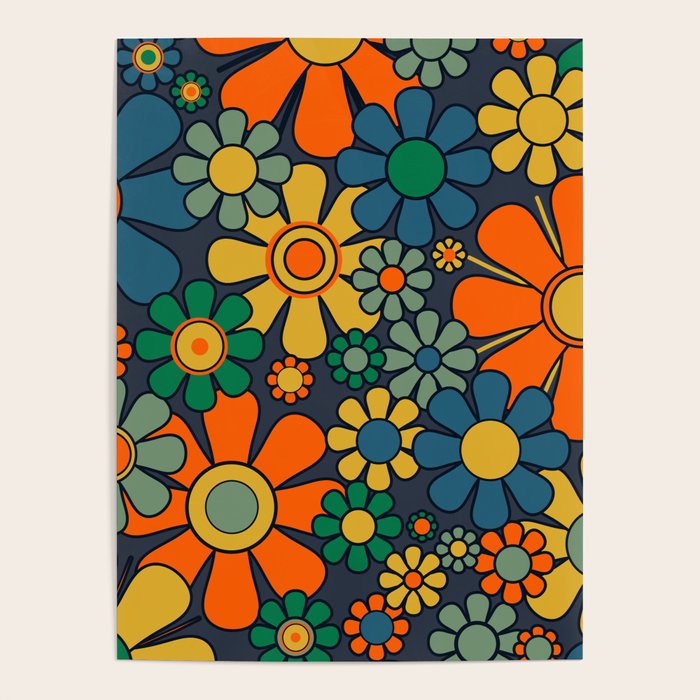 Retro Garden Flowers Groovy 60s 70s Floral Pattern Orange Blue Green Mustard Poster Gallery Image 4