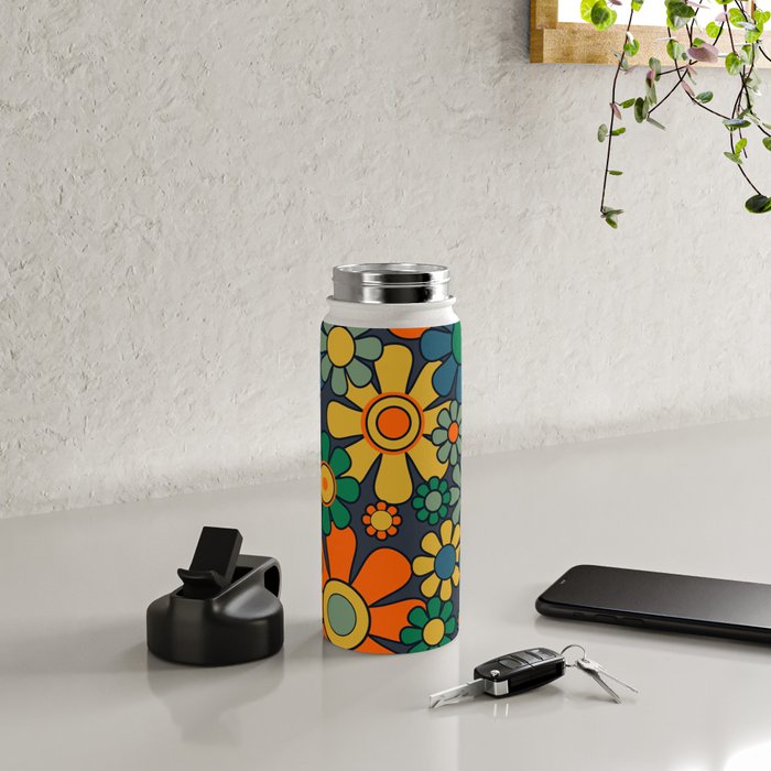 Retro Garden Flowers Groovy 60s 70s Floral Pattern Orange Blue Green Mustard Water Bottle Gallery Image 4