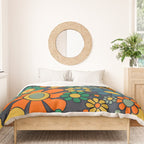 Retro Garden Flowers Groovy 60s 70s Floral Pattern Orange Blue Green Mustard Duvet Cover Gallery Image 3