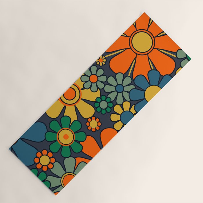 Retro Garden Flowers Groovy 60s 70s Floral Pattern Orange Blue Green Mustard Yoga Mat Gallery Image 1