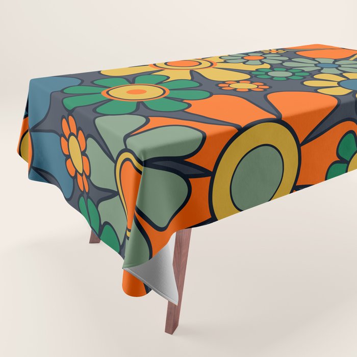 Retro Garden Flowers Groovy 60s 70s Floral Pattern Orange Blue Green Mustard Tablecloth Gallery Image 1