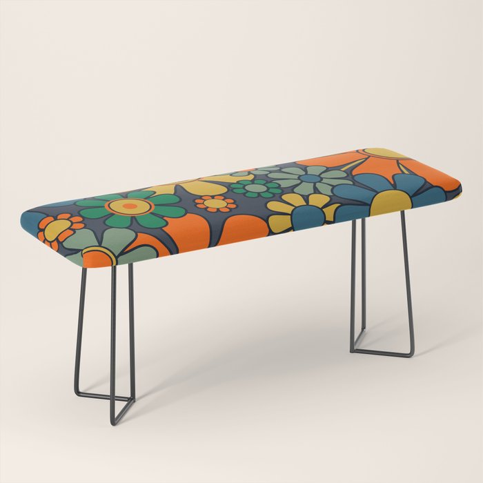 Retro Garden Flowers Groovy 60s 70s Floral Pattern Orange Blue Green Mustard Bench Gallery Image 1