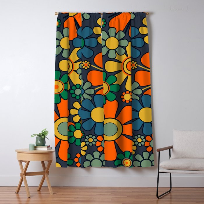 Retro Garden Flowers Groovy 60s 70s Floral Pattern Orange Blue Green Mustard Window Curtain Gallery Image 1