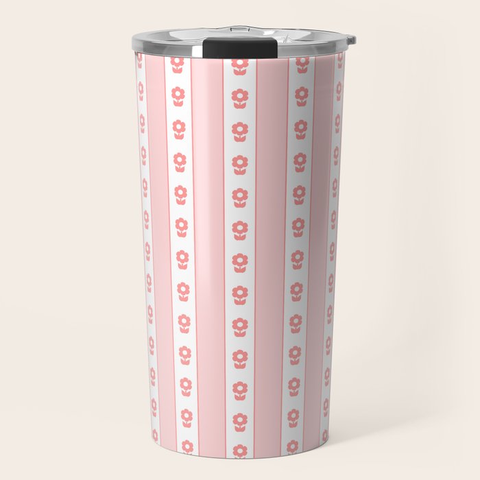 Cottage Stripes and Flowers Pattern in Pastel Pink and White Travel Mug Gallery Image 1