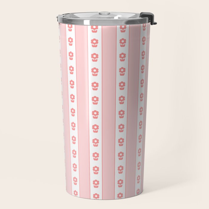 Cottage Stripes and Flowers Pattern in Pastel Pink and White Travel Mug Gallery Image 2