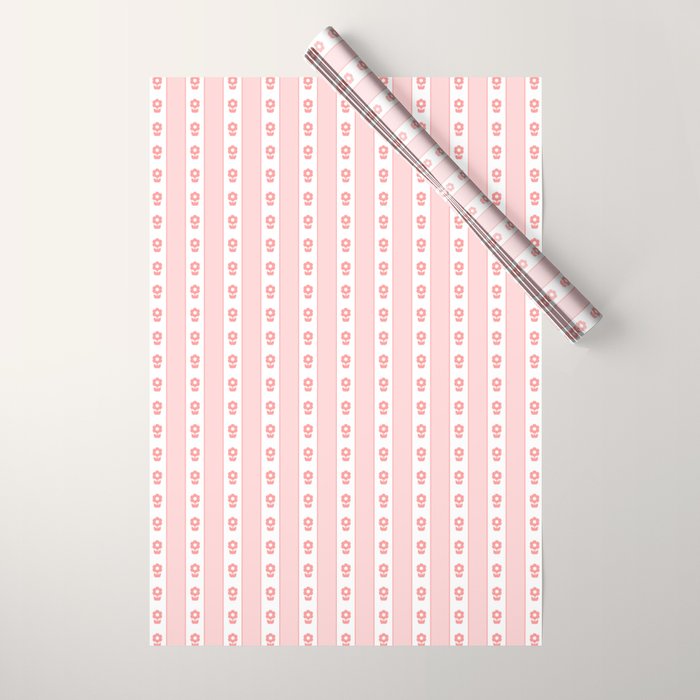 Cottage Stripes and Flowers Pattern in Pastel Pink and White Wrapping Paper Gallery Image 1