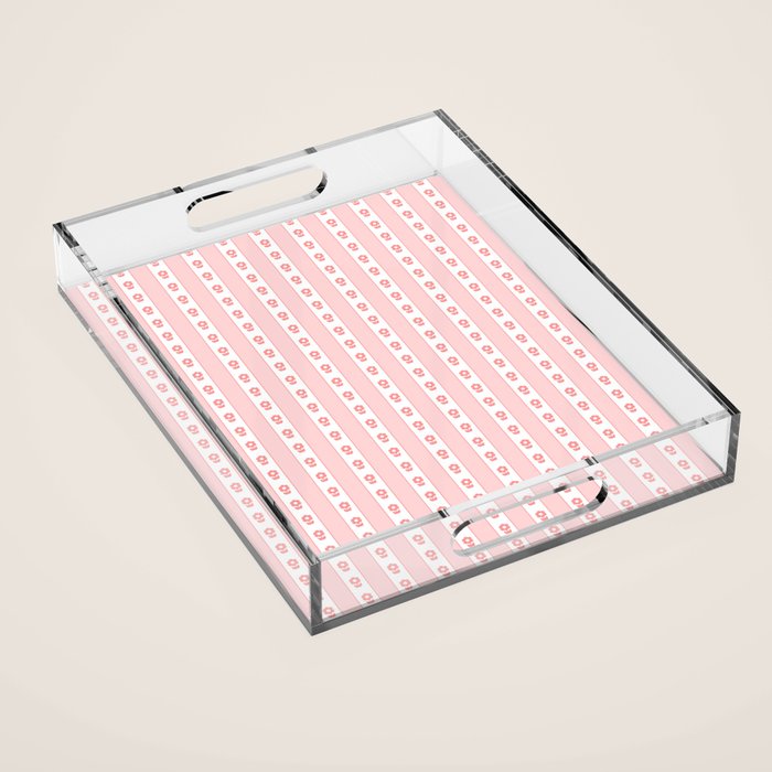 Cottage Stripes and Flowers Pattern in Pastel Pink and White Acrylic Tray Gallery Image 1