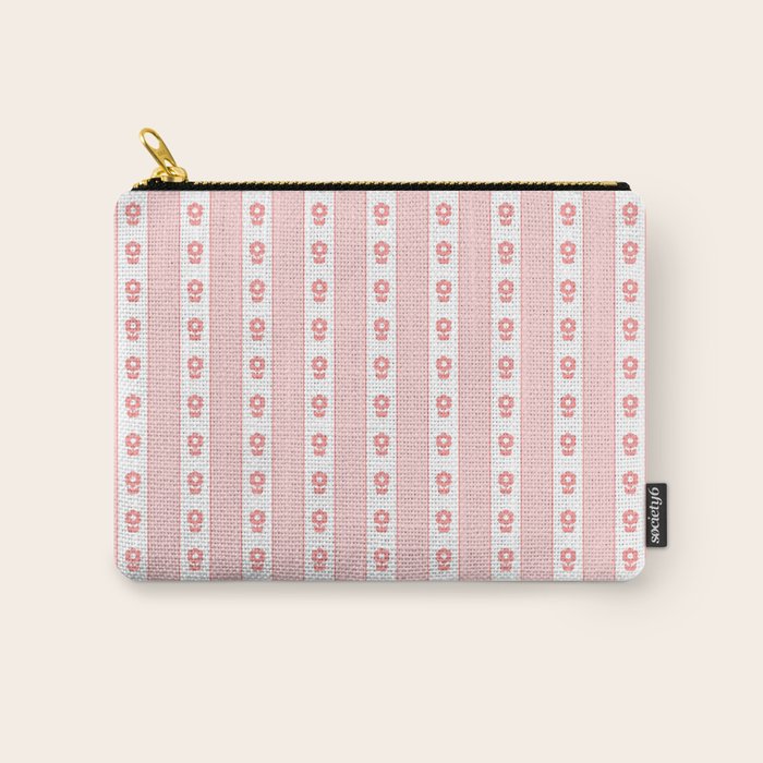Cottage Stripes and Flowers Pattern in Pastel Pink and White Carry All Pouch Gallery Image 1