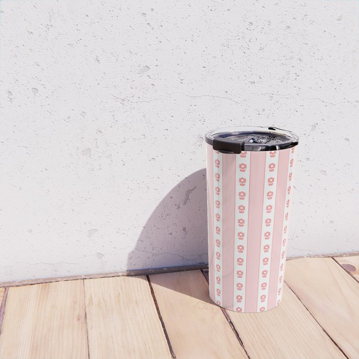 Cottage Stripes and Flowers Pattern in Pastel Pink and White Travel Mug Gallery Image 4